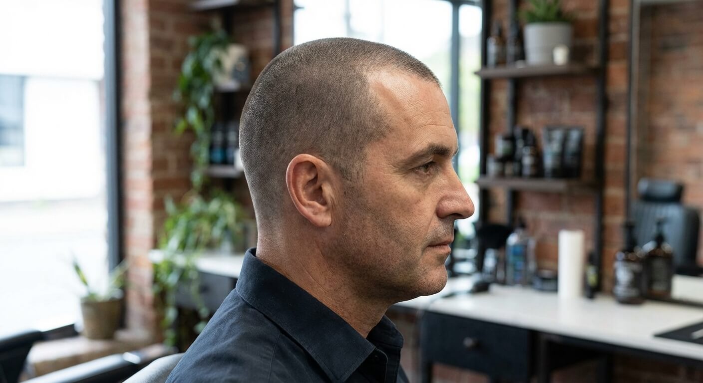 Close buzz cut for receding hairline profile
